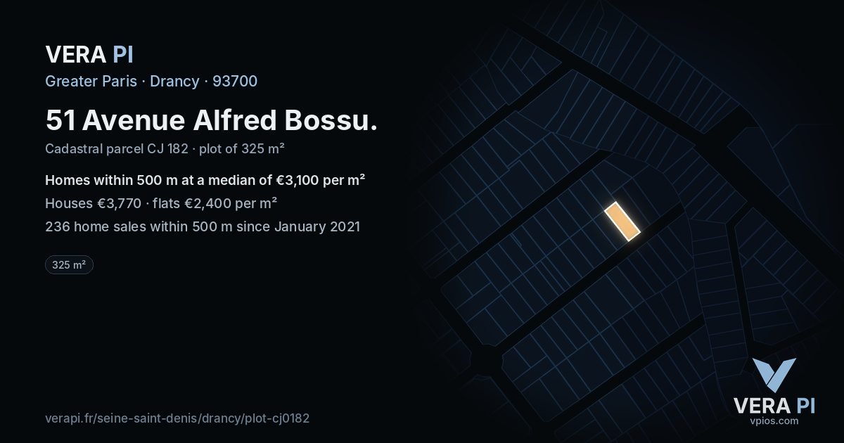 51 Avenue Alfred Bossu, Drancy at night – the plot lit, the parcels around coloured by the prices near them