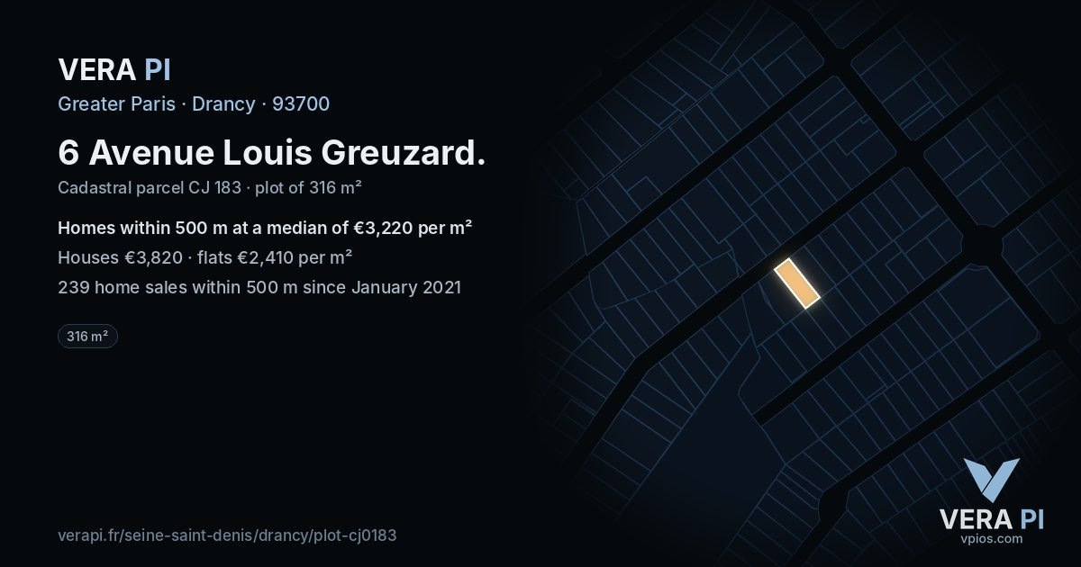 6 Avenue Louis Greuzard, Drancy at night – the plot lit, the parcels around coloured by the prices near them