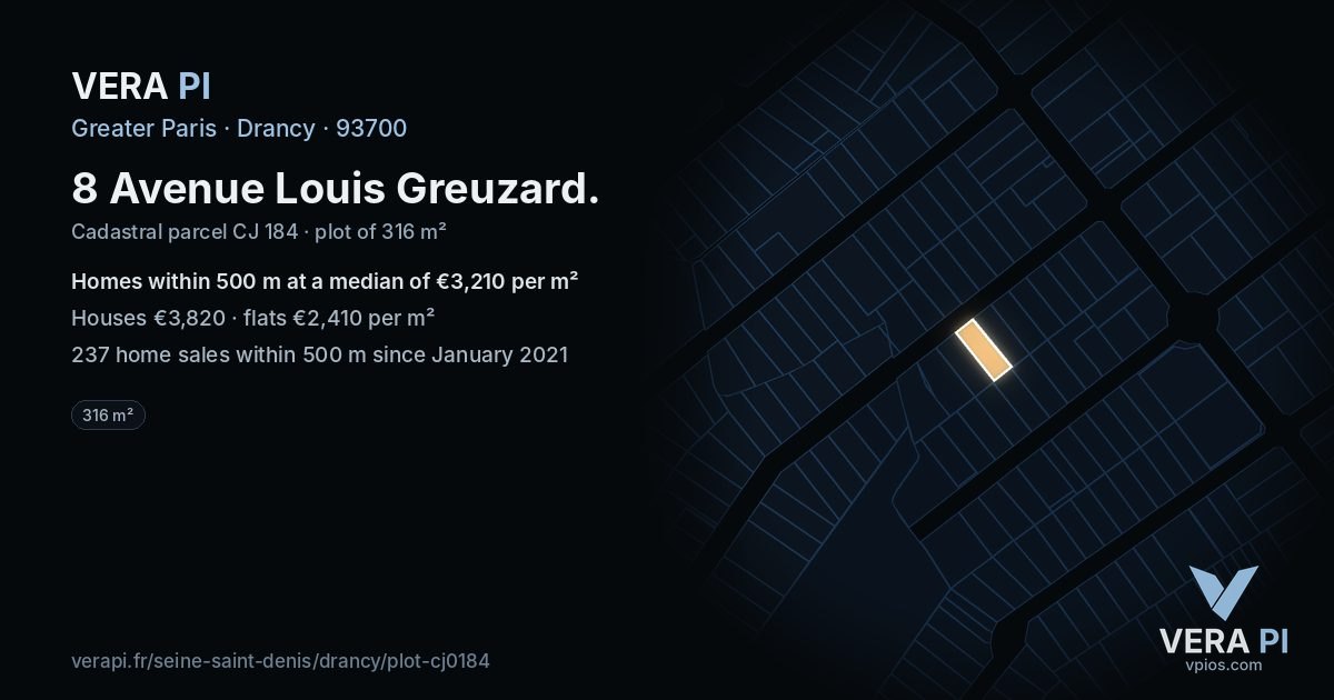 8 Avenue Louis Greuzard, Drancy at night – the plot lit, the parcels around coloured by the prices near them