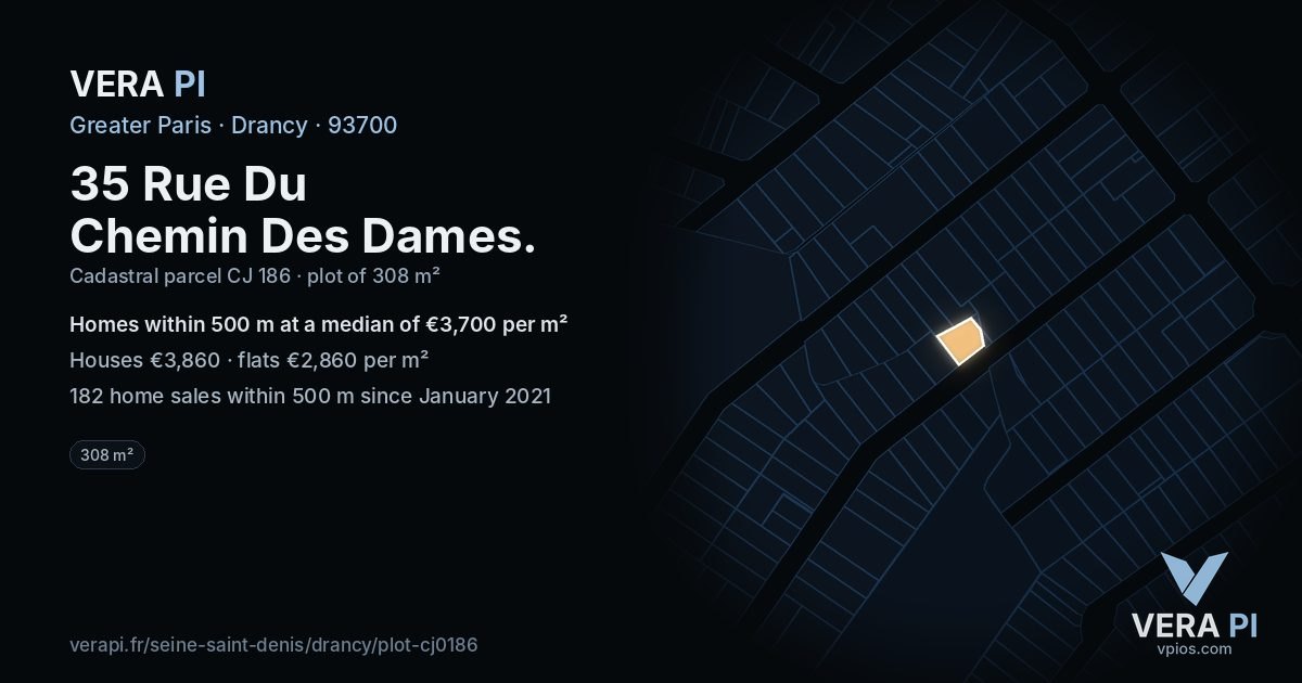 35 Rue Du Chemin Des Dames, Drancy at night – the plot lit, the parcels around coloured by the prices near them