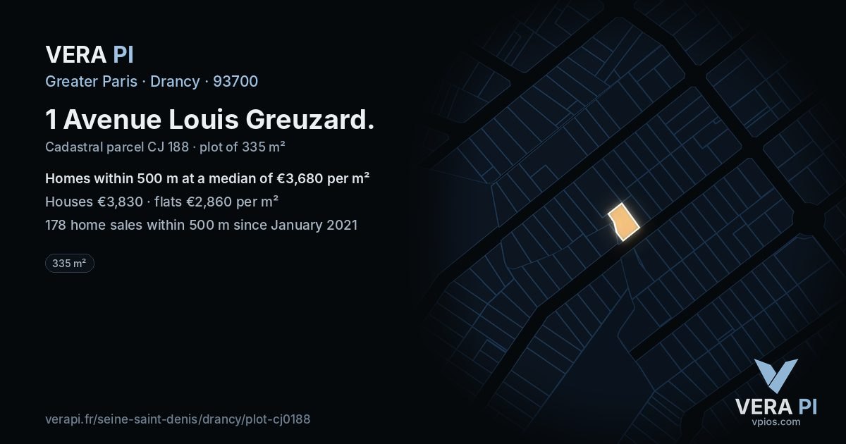 1 Avenue Louis Greuzard, Drancy at night – the plot lit, the parcels around coloured by the prices near them