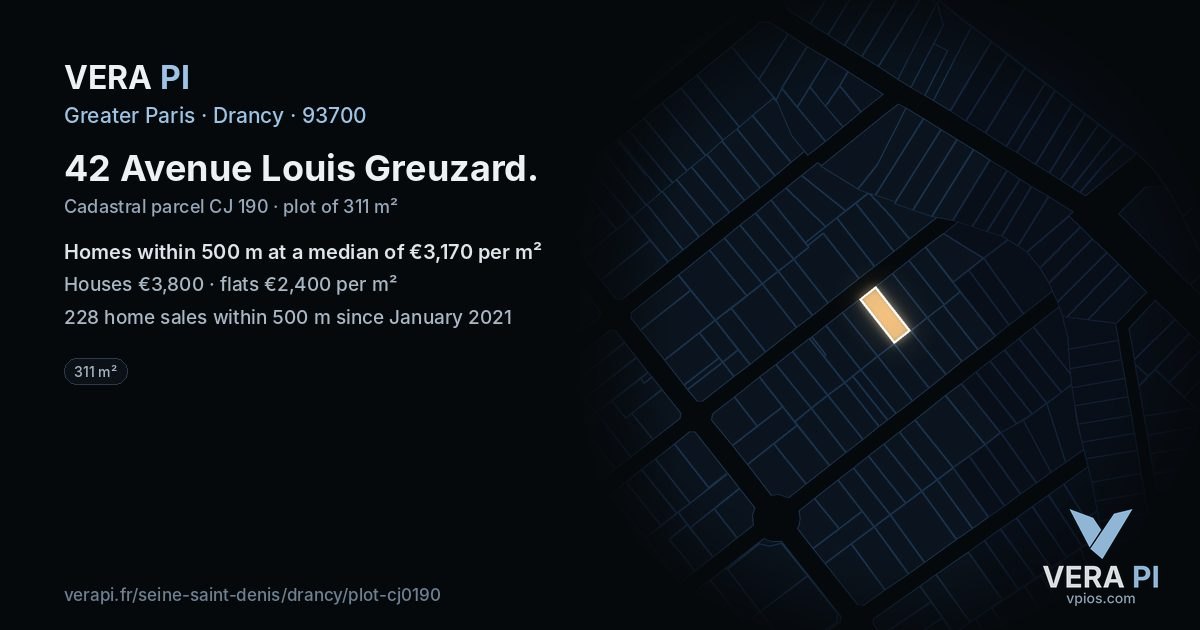 42 Avenue Louis Greuzard, Drancy at night – the plot lit, the parcels around coloured by the prices near them