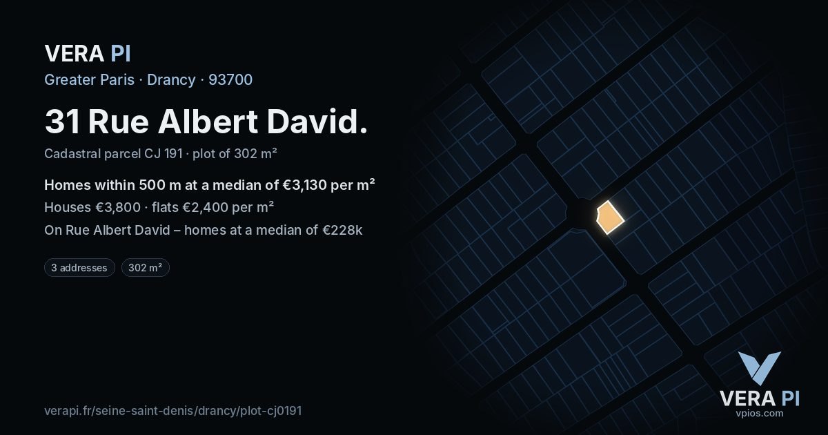 31 Rue Albert David, Drancy at night – the plot lit, the parcels around coloured by the prices near them