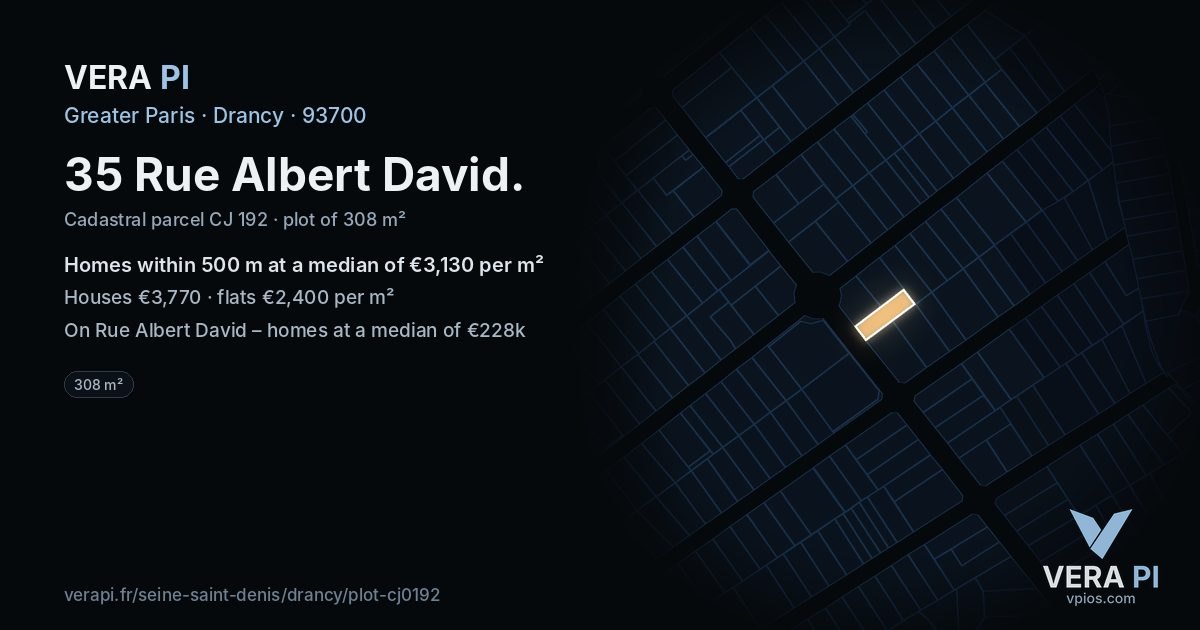 35 Rue Albert David, Drancy at night – the plot lit, the parcels around coloured by the prices near them