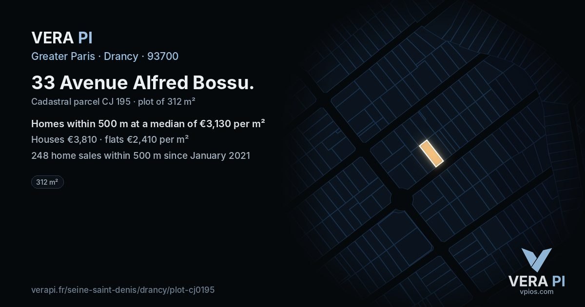 33 Avenue Alfred Bossu, Drancy at night – the plot lit, the parcels around coloured by the prices near them