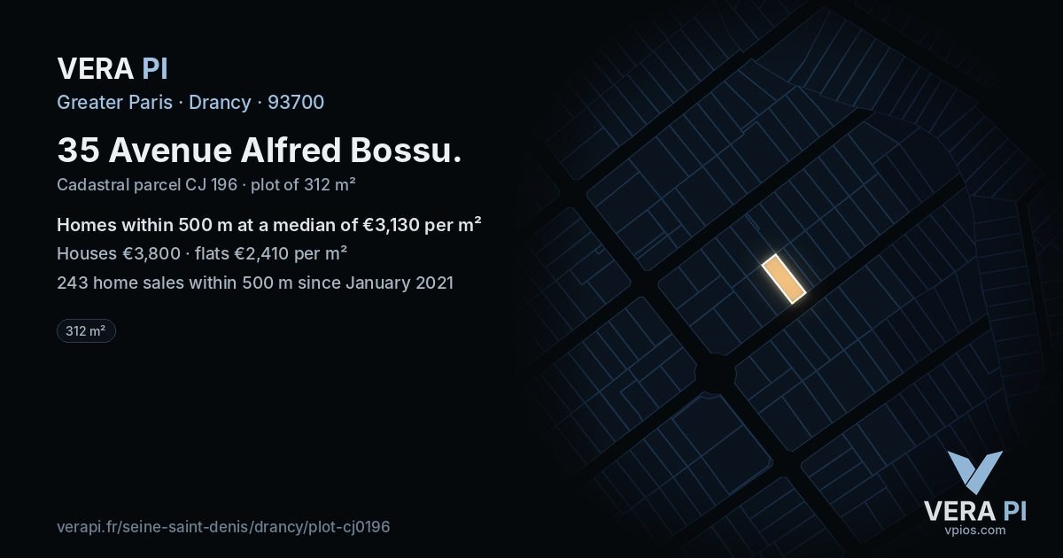 35 Avenue Alfred Bossu, Drancy at night – the plot lit, the parcels around coloured by the prices near them