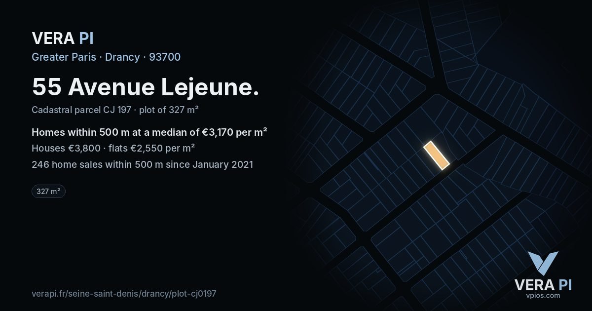 55 Avenue Lejeune, Drancy at night – the plot lit, the parcels around coloured by the prices near them
