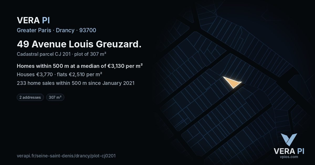 49 Avenue Louis Greuzard, Drancy at night – the plot lit, the parcels around coloured by the prices near them