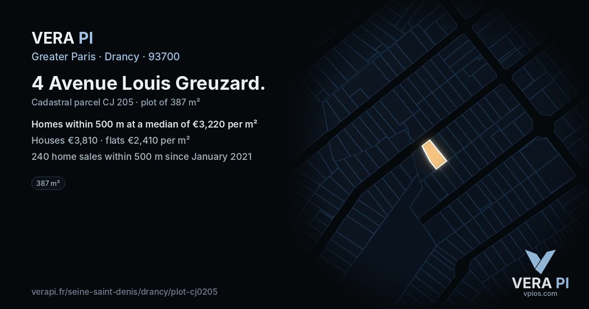 4 Avenue Louis Greuzard, Drancy at night – the plot lit, the parcels around coloured by the prices near them