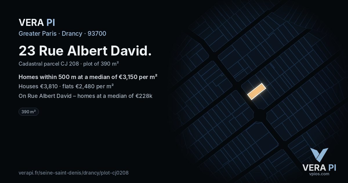 23 Rue Albert David, Drancy at night – the plot lit, the parcels around coloured by the prices near them