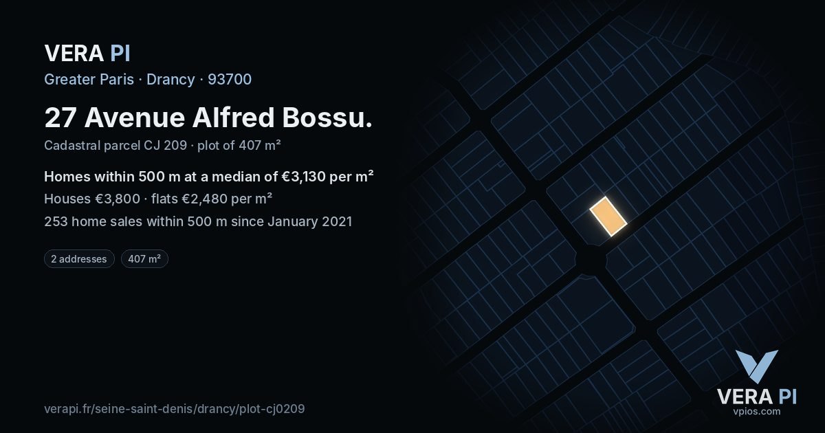 27 Avenue Alfred Bossu, Drancy at night – the plot lit, the parcels around coloured by the prices near them