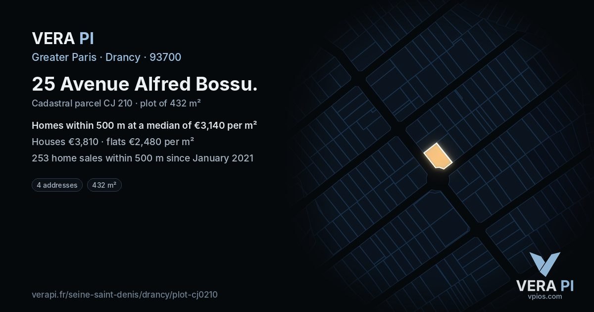 25 Avenue Alfred Bossu, Drancy at night – the plot lit, the parcels around coloured by the prices near them