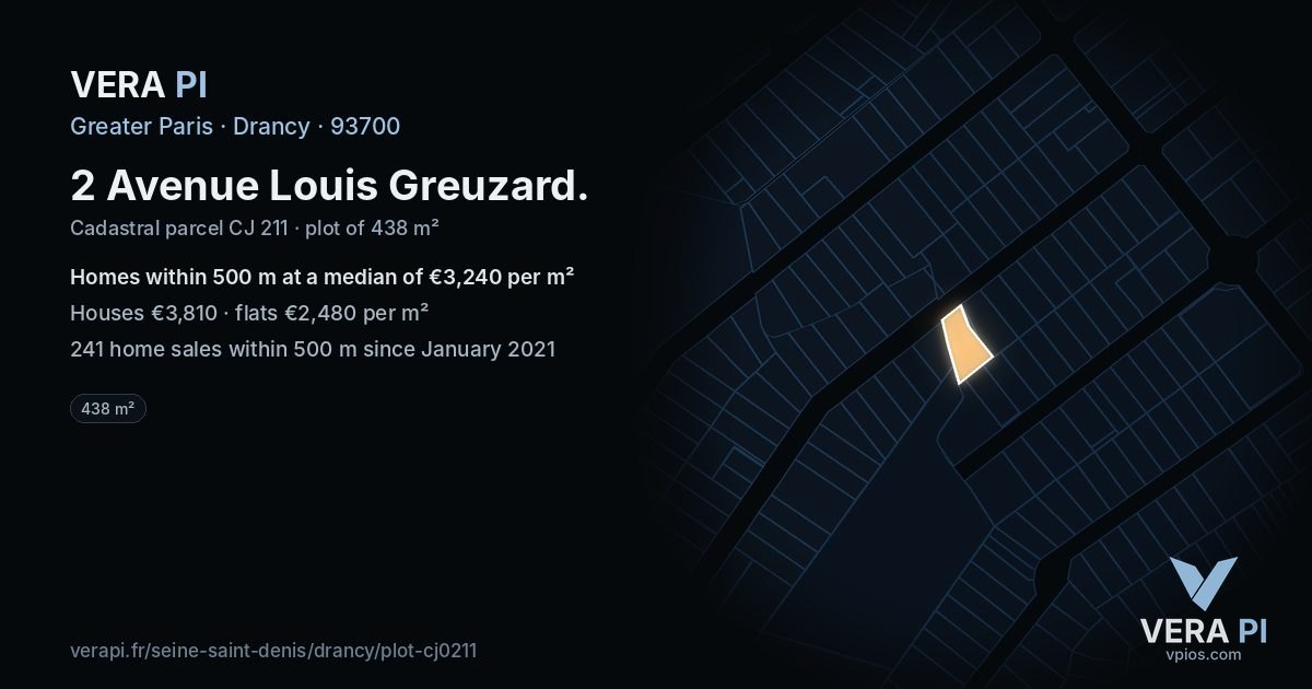 2 Avenue Louis Greuzard, Drancy at night – the plot lit, the parcels around coloured by the prices near them