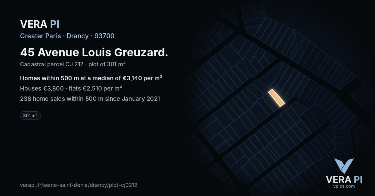45 Avenue Louis Greuzard, Drancy at night – the plot lit, the parcels around coloured by the prices near them
