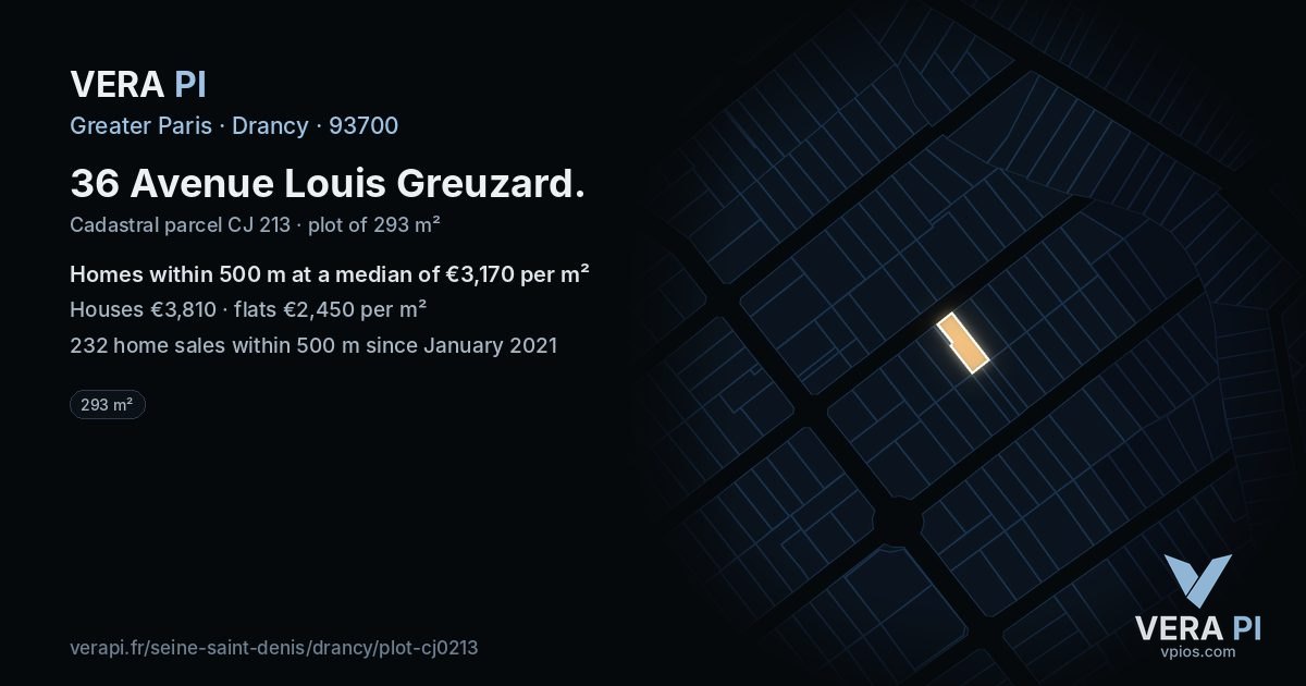 36 Avenue Louis Greuzard, Drancy at night – the plot lit, the parcels around coloured by the prices near them