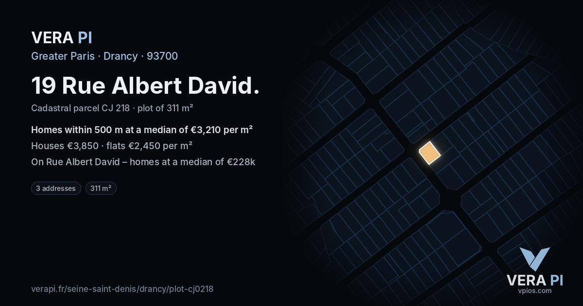 19 Rue Albert David, Drancy at night – the plot lit, the parcels around coloured by the prices near them