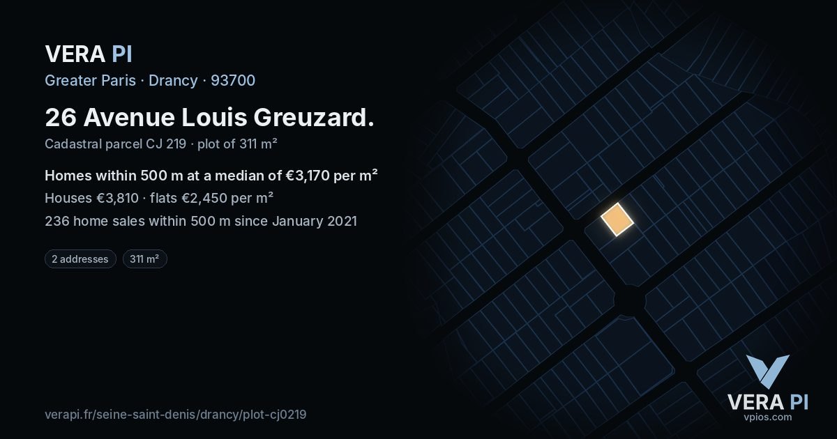 26 Avenue Louis Greuzard, Drancy at night – the plot lit, the parcels around coloured by the prices near them