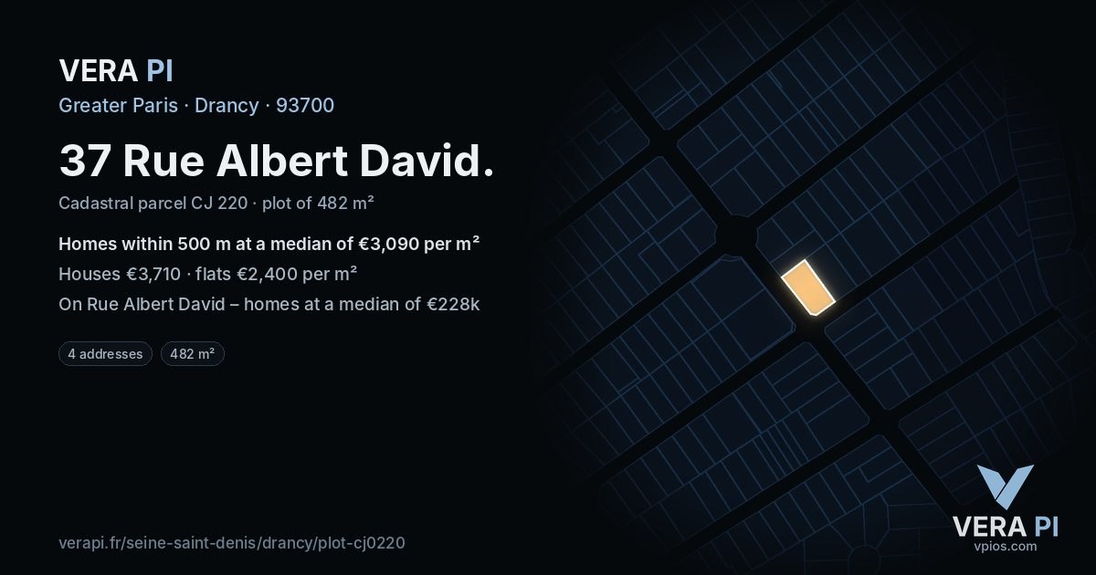 37 Rue Albert David, Drancy at night – the plot lit, the parcels around coloured by the prices near them