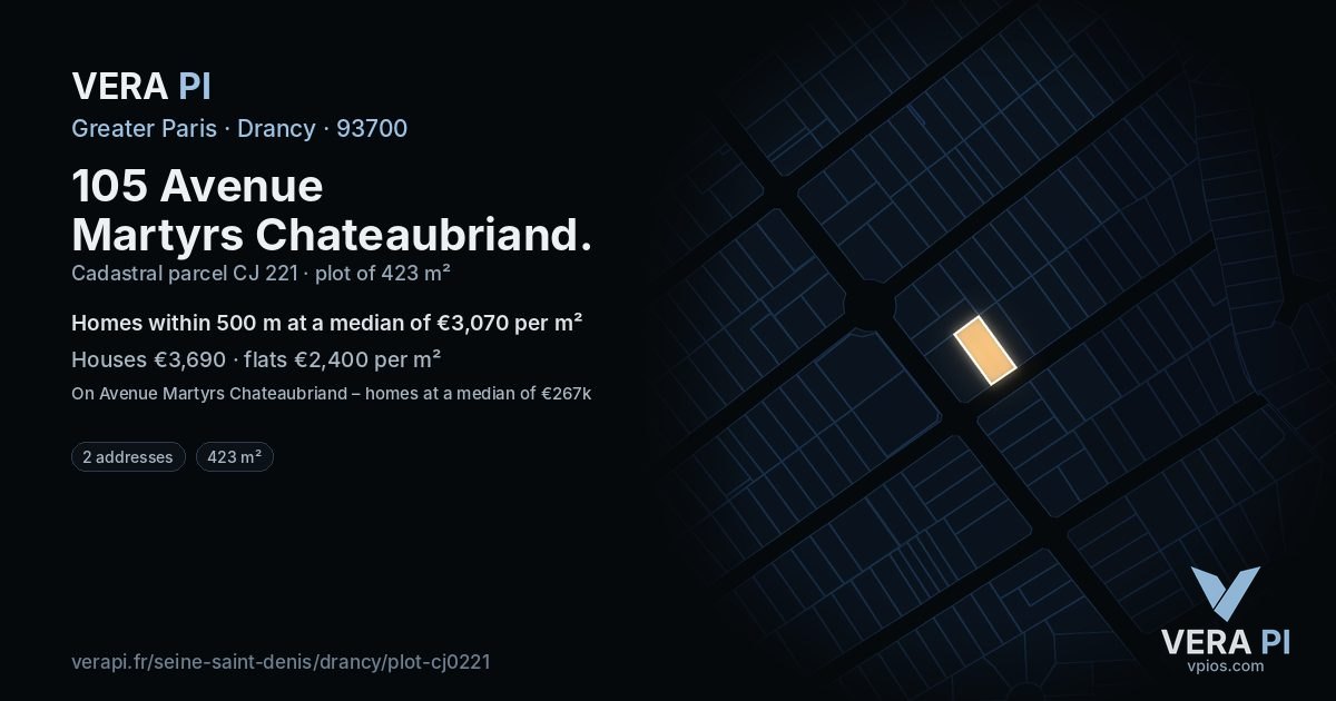 105 Avenue Martyrs Chateaubriand, Drancy at night – the plot lit, the parcels around coloured by the prices near them