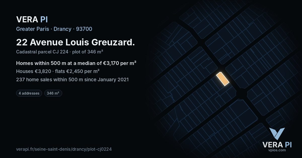 22 Avenue Louis Greuzard, Drancy at night – the plot lit, the parcels around coloured by the prices near them