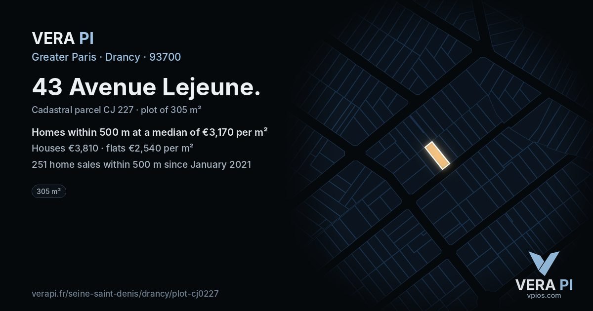 43 Avenue Lejeune, Drancy at night – the plot lit, the parcels around coloured by the prices near them