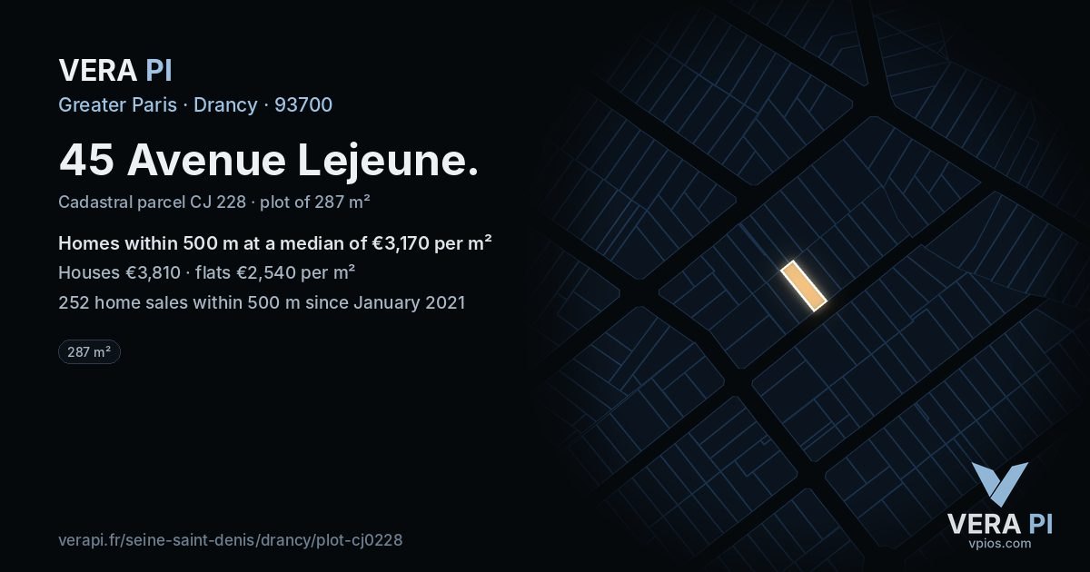 45 Avenue Lejeune, Drancy at night – the plot lit, the parcels around coloured by the prices near them