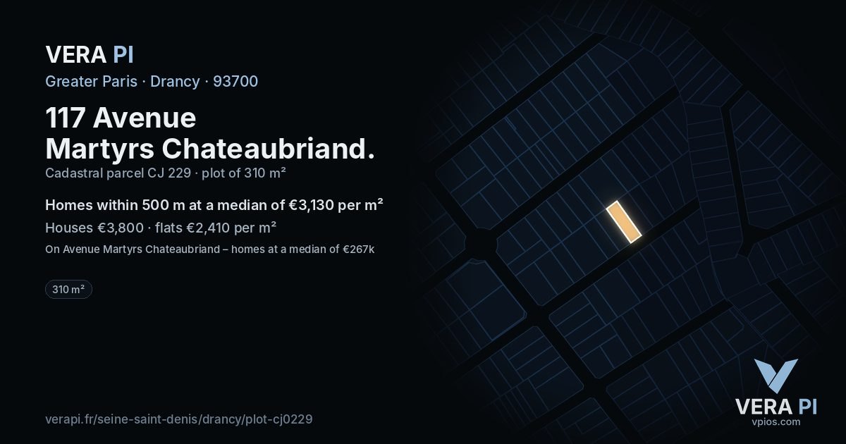 117 Avenue Martyrs Chateaubriand, Drancy at night – the plot lit, the parcels around coloured by the prices near them