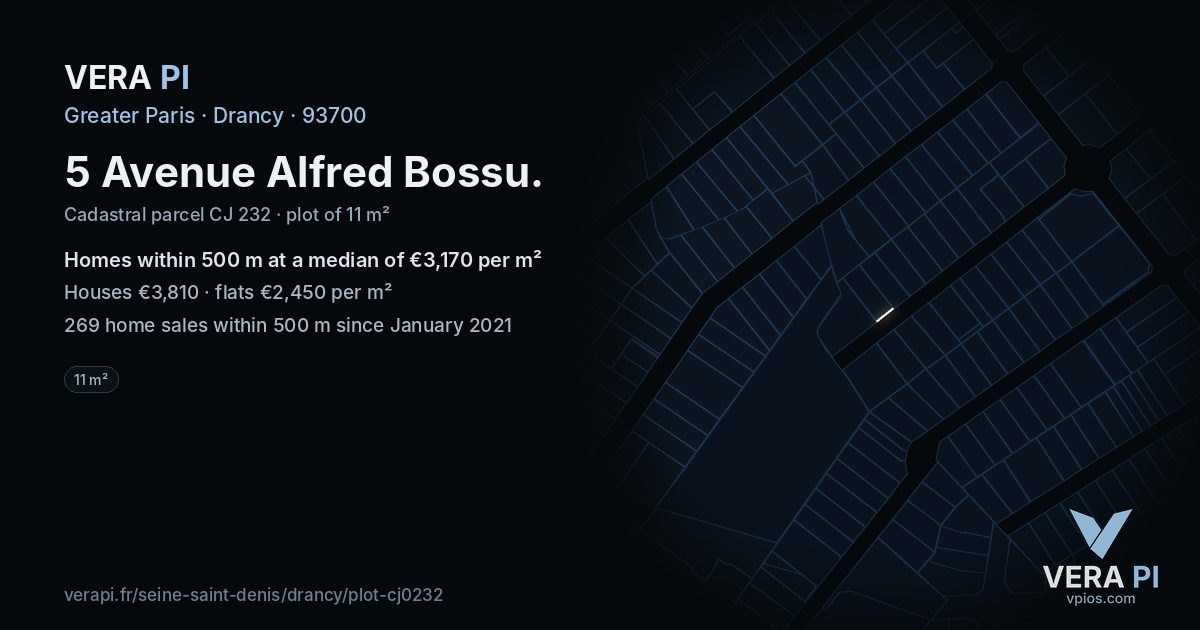 5 Avenue Alfred Bossu, Drancy at night – the plot lit, the parcels around coloured by the prices near them