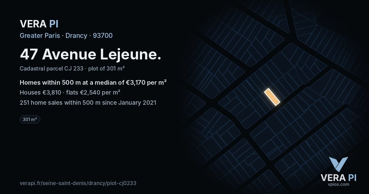 47 Avenue Lejeune, Drancy at night – the plot lit, the parcels around coloured by the prices near them