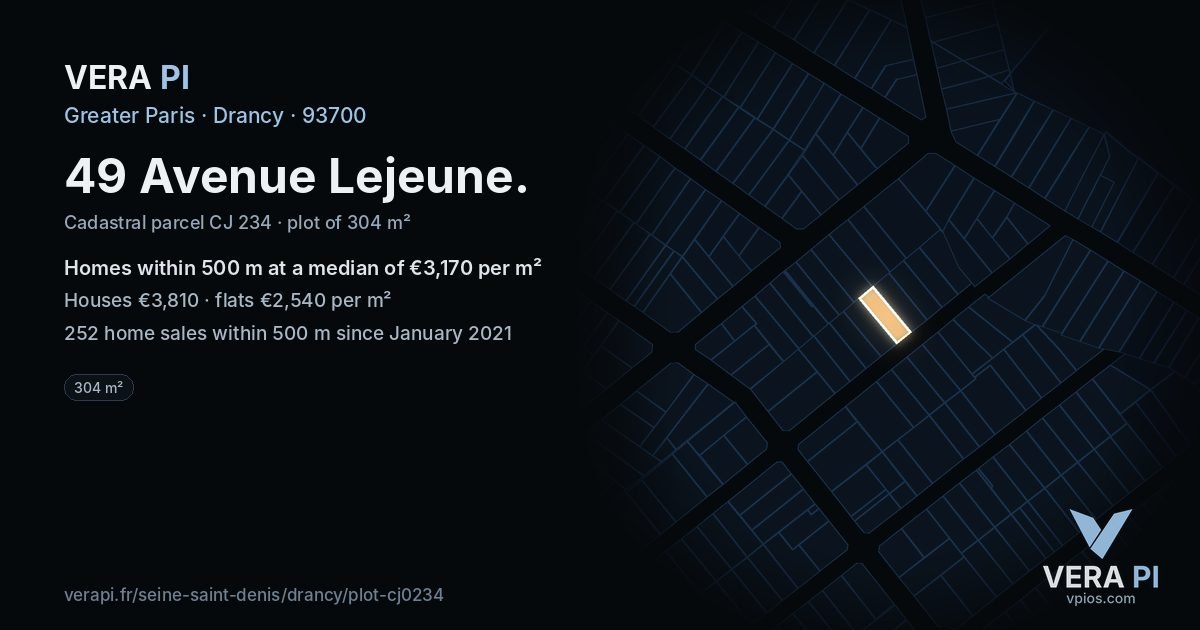 49 Avenue Lejeune, Drancy at night – the plot lit, the parcels around coloured by the prices near them