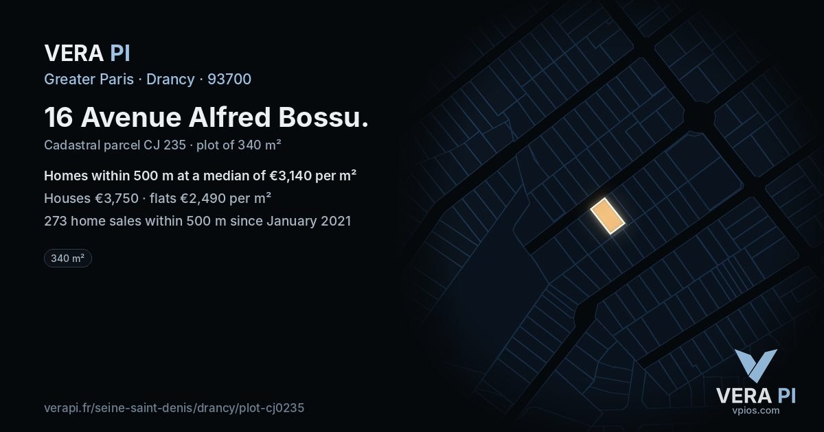 16 Avenue Alfred Bossu, Drancy at night – the plot lit, the parcels around coloured by the prices near them