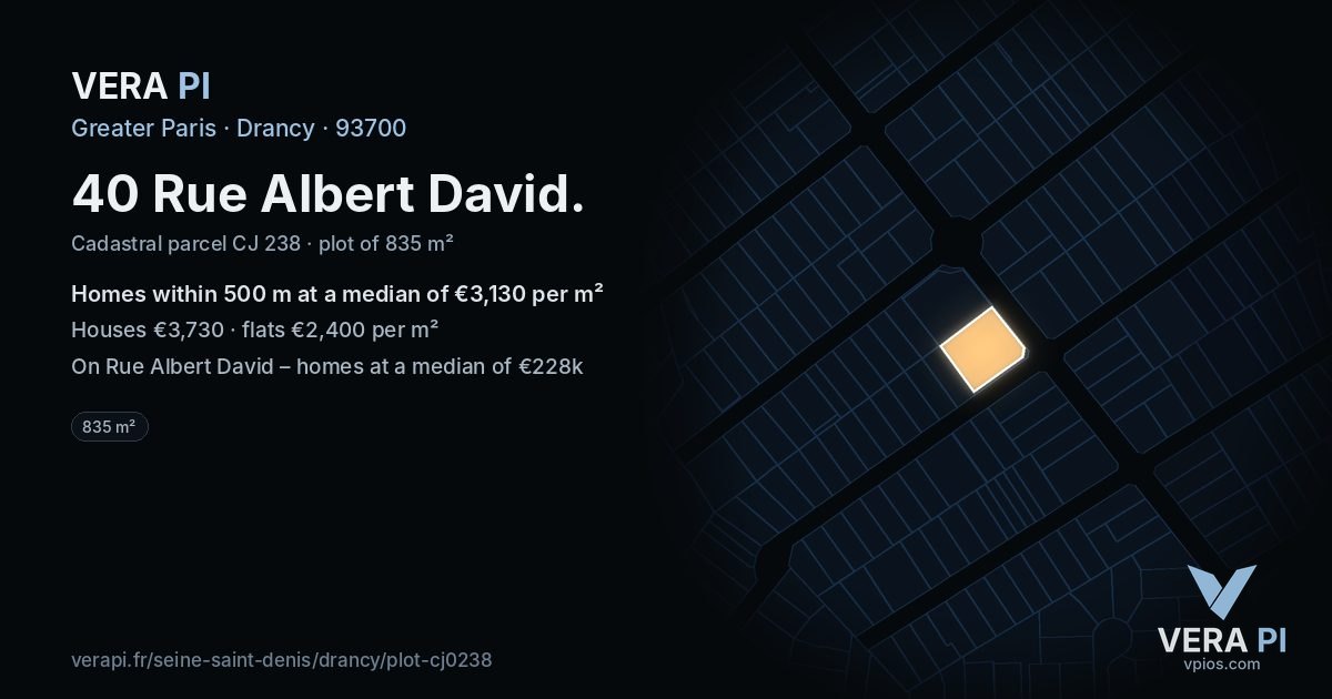 40 Rue Albert David, Drancy at night – the plot lit, the parcels around coloured by the prices near them