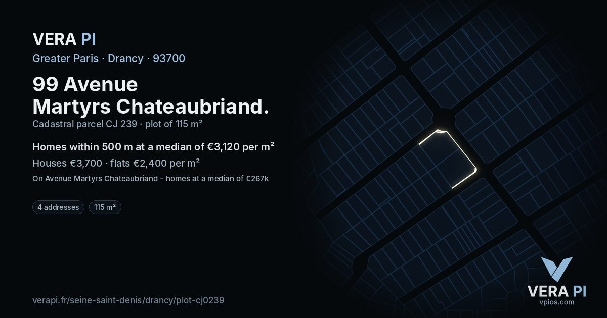 99 Avenue Martyrs Chateaubriand, Drancy at night – the plot lit, the parcels around coloured by the prices near them