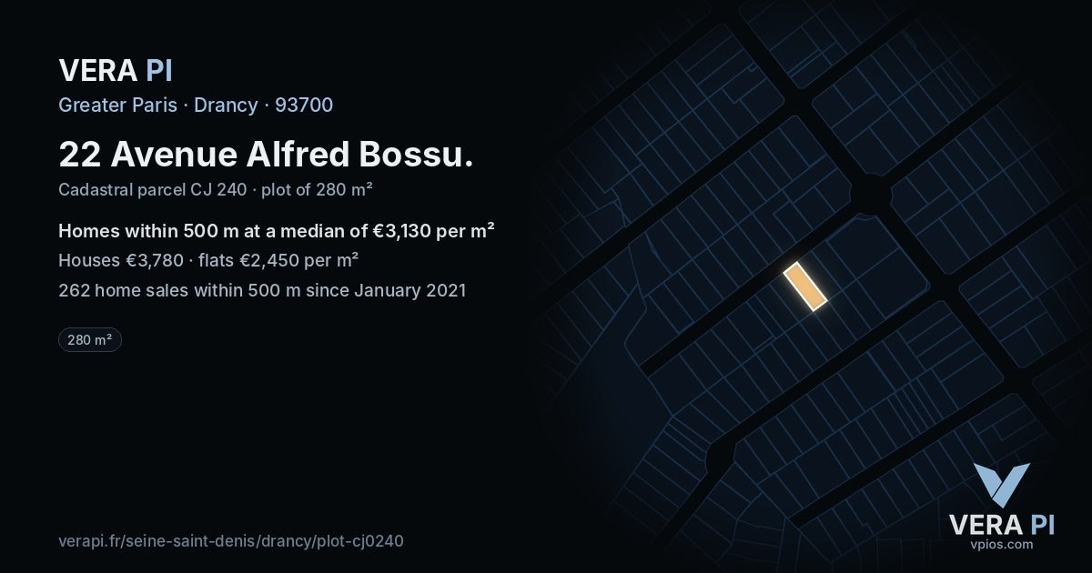 22 Avenue Alfred Bossu, Drancy at night – the plot lit, the parcels around coloured by the prices near them