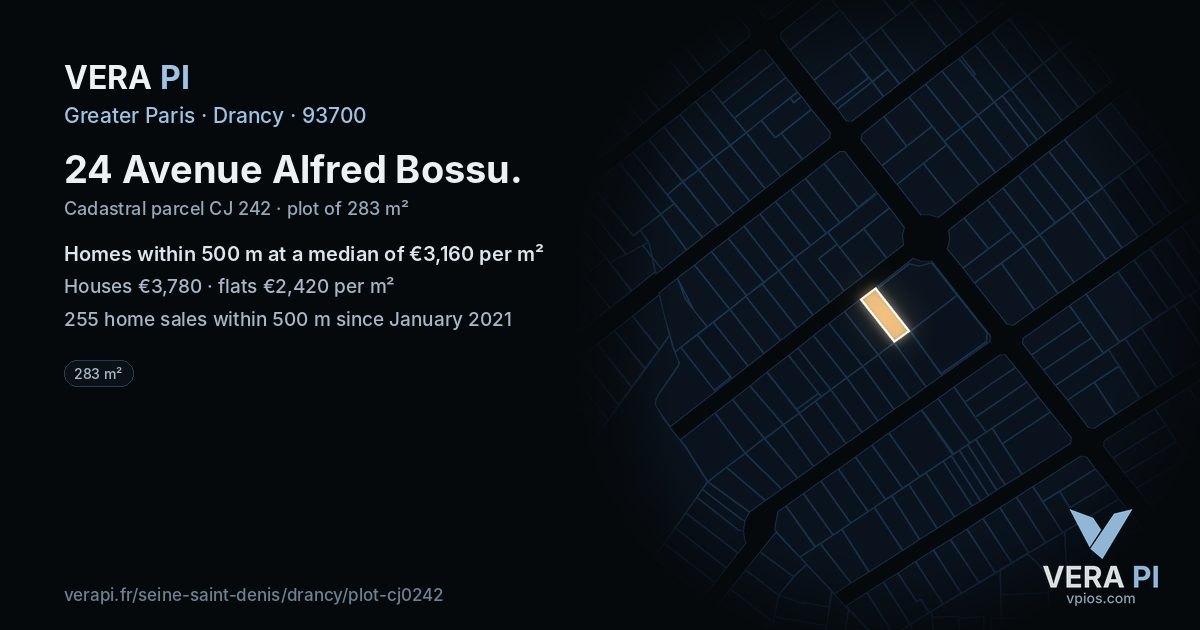 24 Avenue Alfred Bossu, Drancy at night – the plot lit, the parcels around coloured by the prices near them