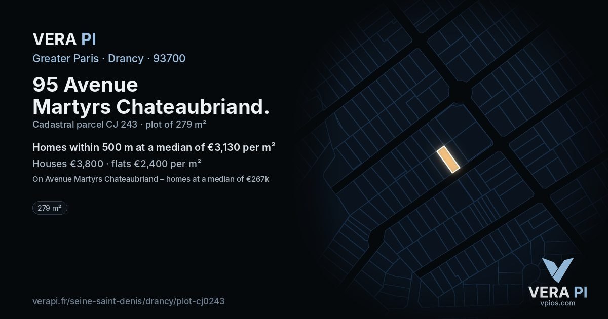 95 Avenue Martyrs Chateaubriand, Drancy at night – the plot lit, the parcels around coloured by the prices near them