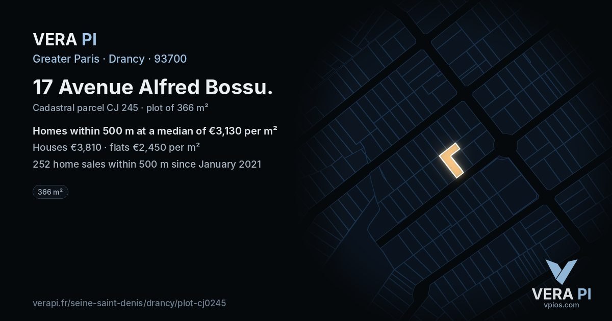 17 Avenue Alfred Bossu, Drancy at night – the plot lit, the parcels around coloured by the prices near them