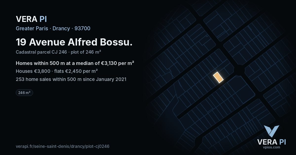 19 Avenue Alfred Bossu, Drancy at night – the plot lit, the parcels around coloured by the prices near them