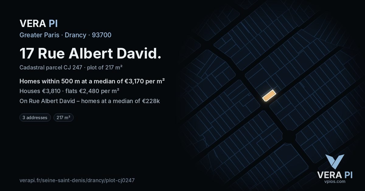 17 Rue Albert David, Drancy at night – the plot lit, the parcels around coloured by the prices near them