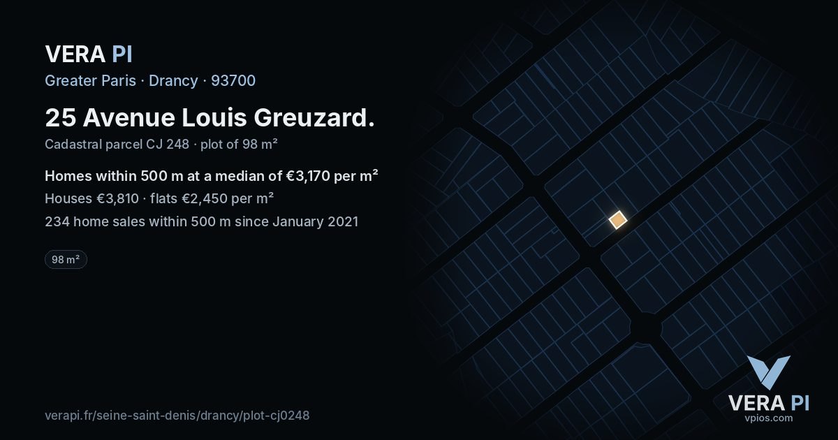 25 Avenue Louis Greuzard, Drancy at night – the plot lit, the parcels around coloured by the prices near them