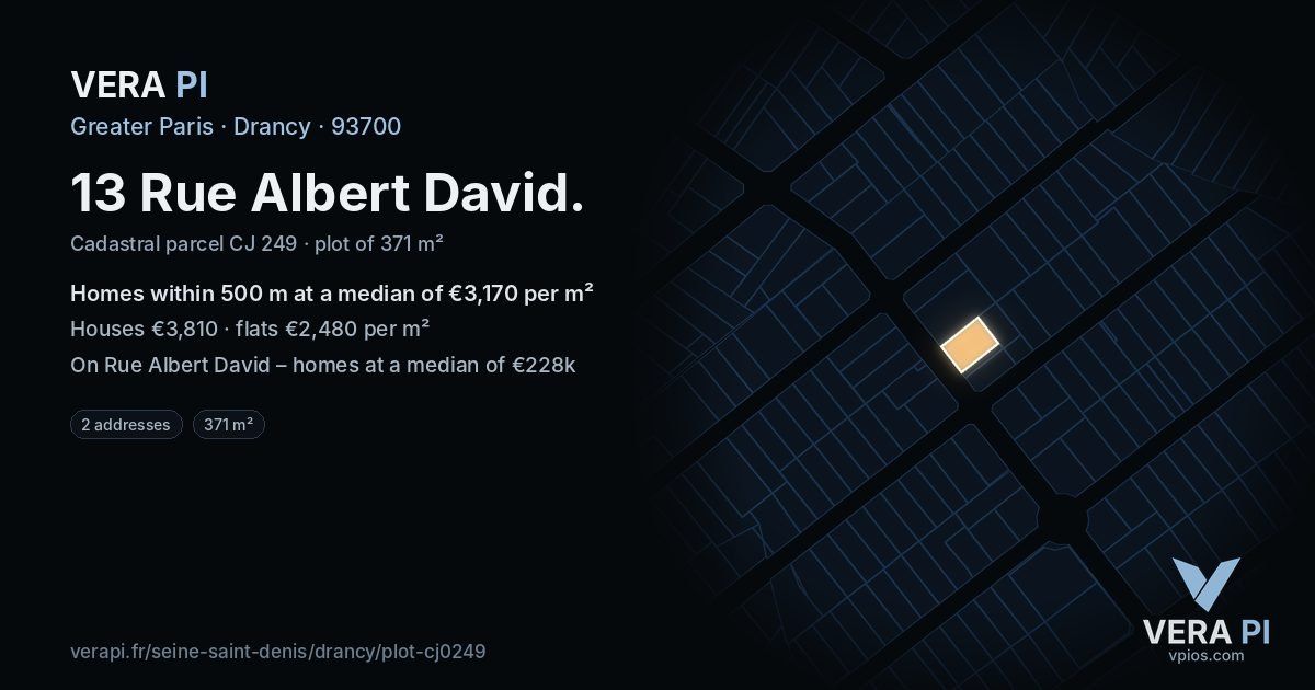 13 Rue Albert David, Drancy at night – the plot lit, the parcels around coloured by the prices near them