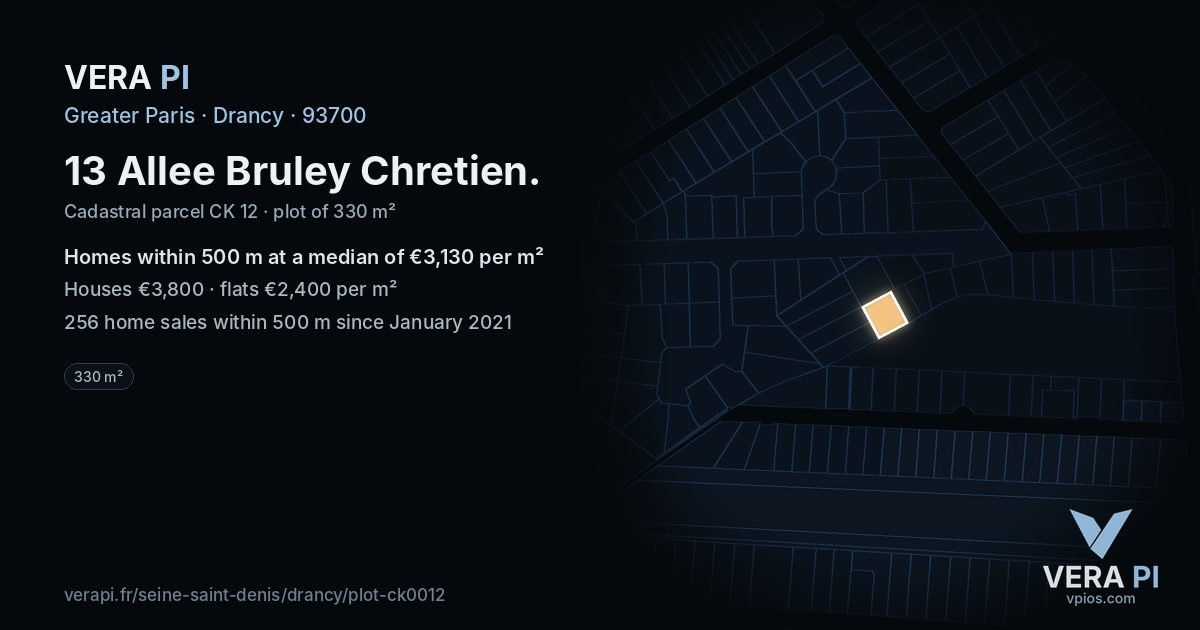 13 Allee Bruley Chretien, Drancy at night – the plot lit, the parcels around coloured by the prices near them