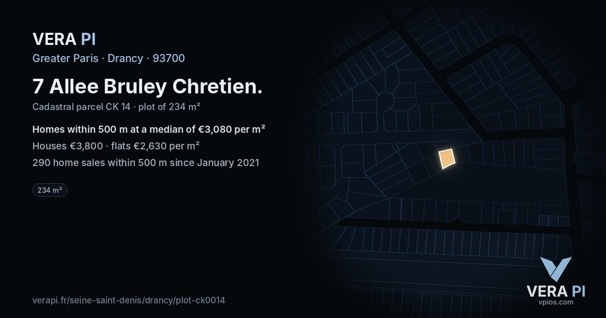 7 Allee Bruley Chretien, Drancy at night – the plot lit, the parcels around coloured by the prices near them