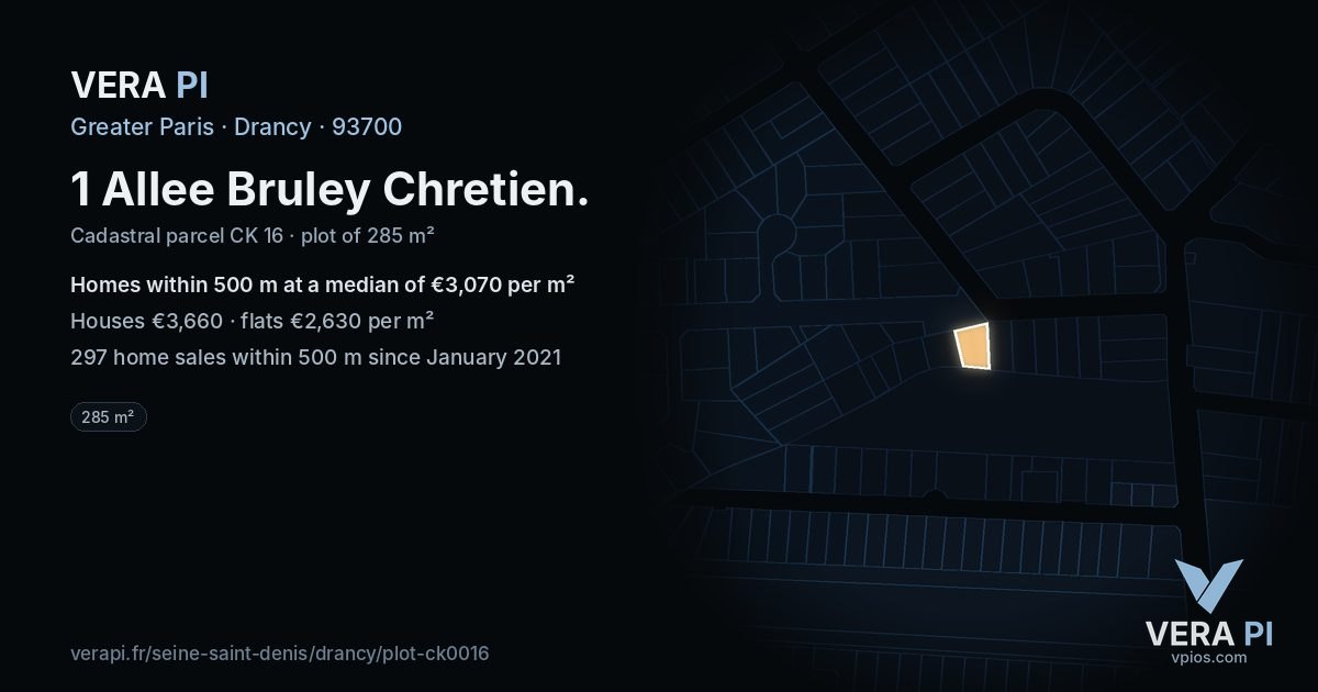1 Allee Bruley Chretien, Drancy at night – the plot lit, the parcels around coloured by the prices near them