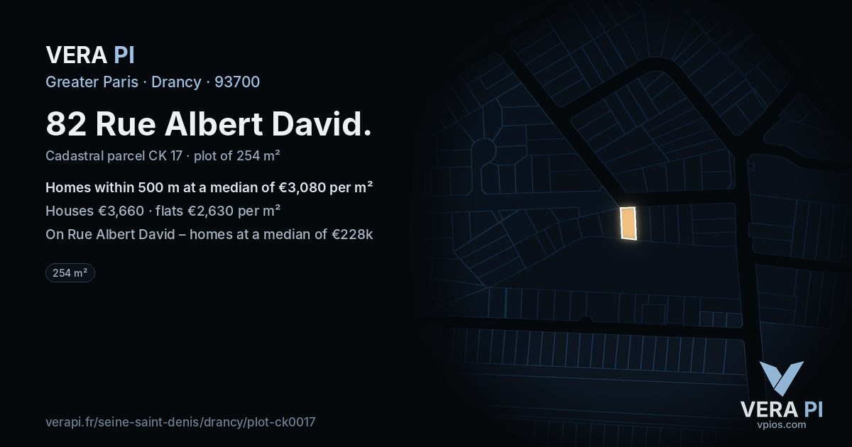 82 Rue Albert David, Drancy at night – the plot lit, the parcels around coloured by the prices near them