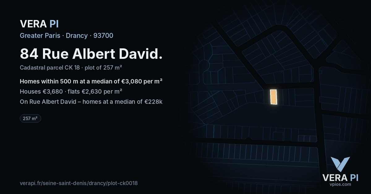 84 Rue Albert David, Drancy at night – the plot lit, the parcels around coloured by the prices near them