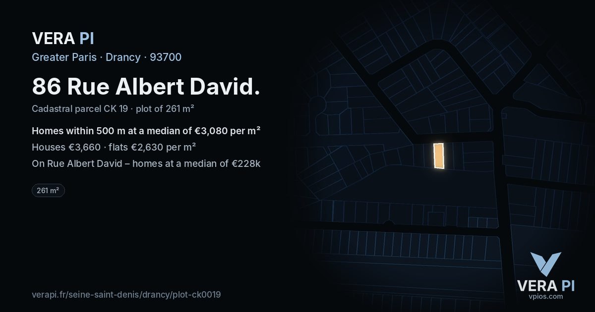 86 Rue Albert David, Drancy at night – the plot lit, the parcels around coloured by the prices near them
