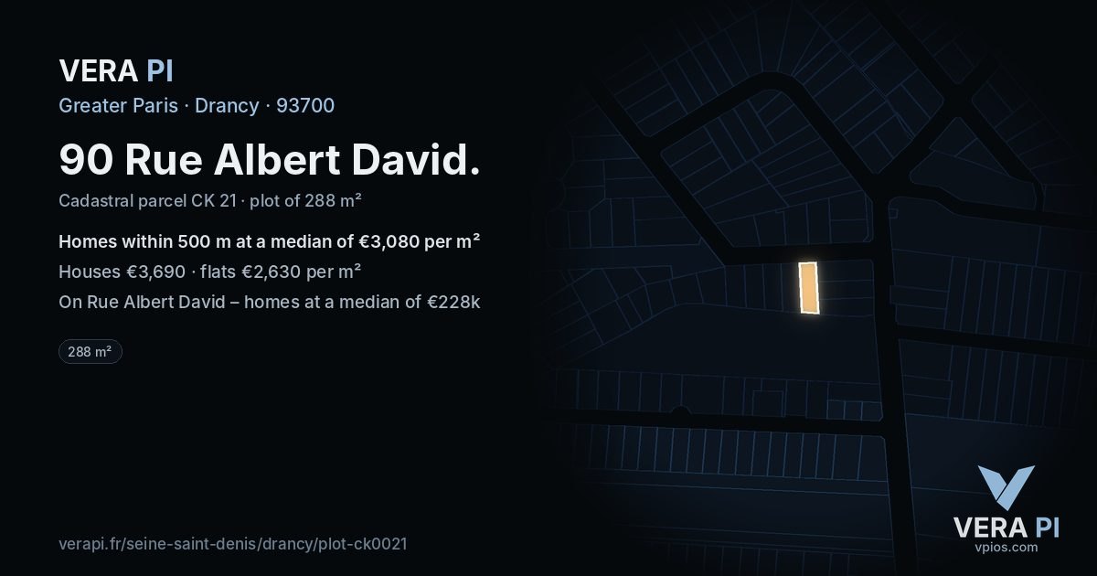 90 Rue Albert David, Drancy at night – the plot lit, the parcels around coloured by the prices near them