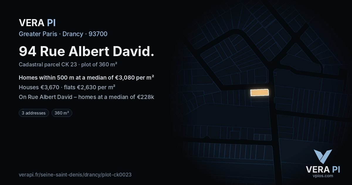 94 Rue Albert David, Drancy at night – the plot lit, the parcels around coloured by the prices near them