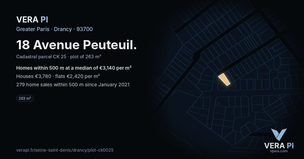18 Avenue Peuteuil, Drancy at night – the plot lit, the parcels around coloured by the prices near them